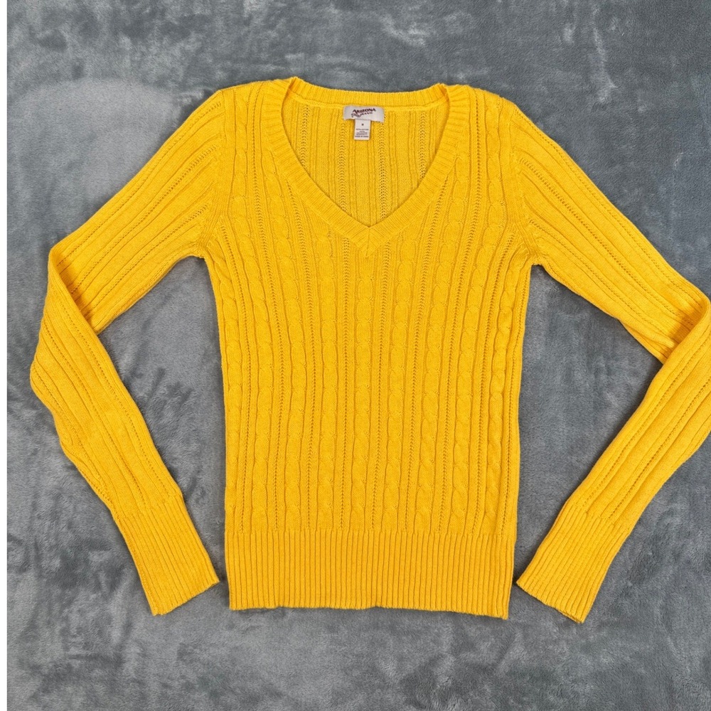 Arizona Jean Co Womens Yellow Cable Knit V-Neck Sweater Long Sleeve Slim Medium
